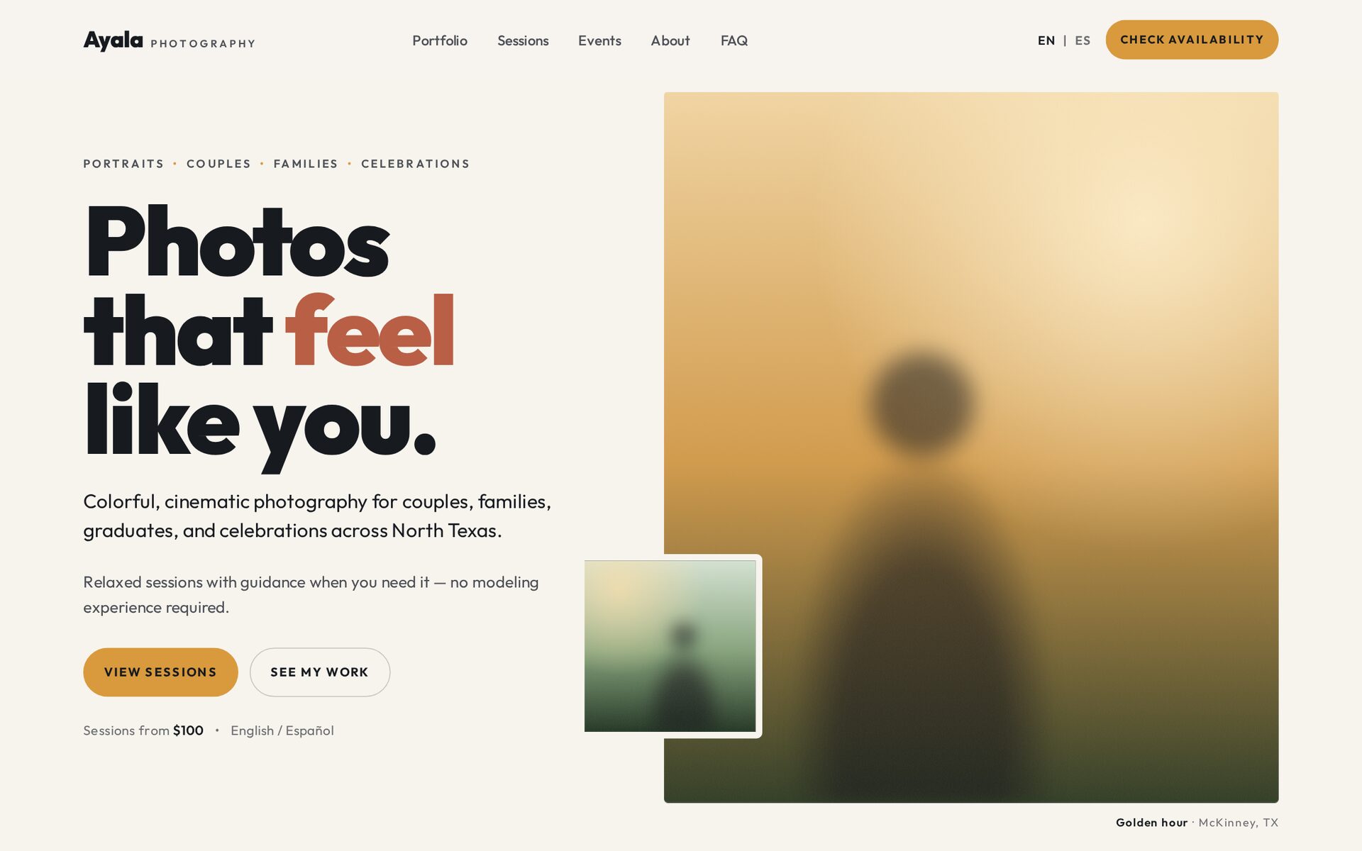 The Ayala Photography homepage on a desktop screen, with the headline Photos that feel like you