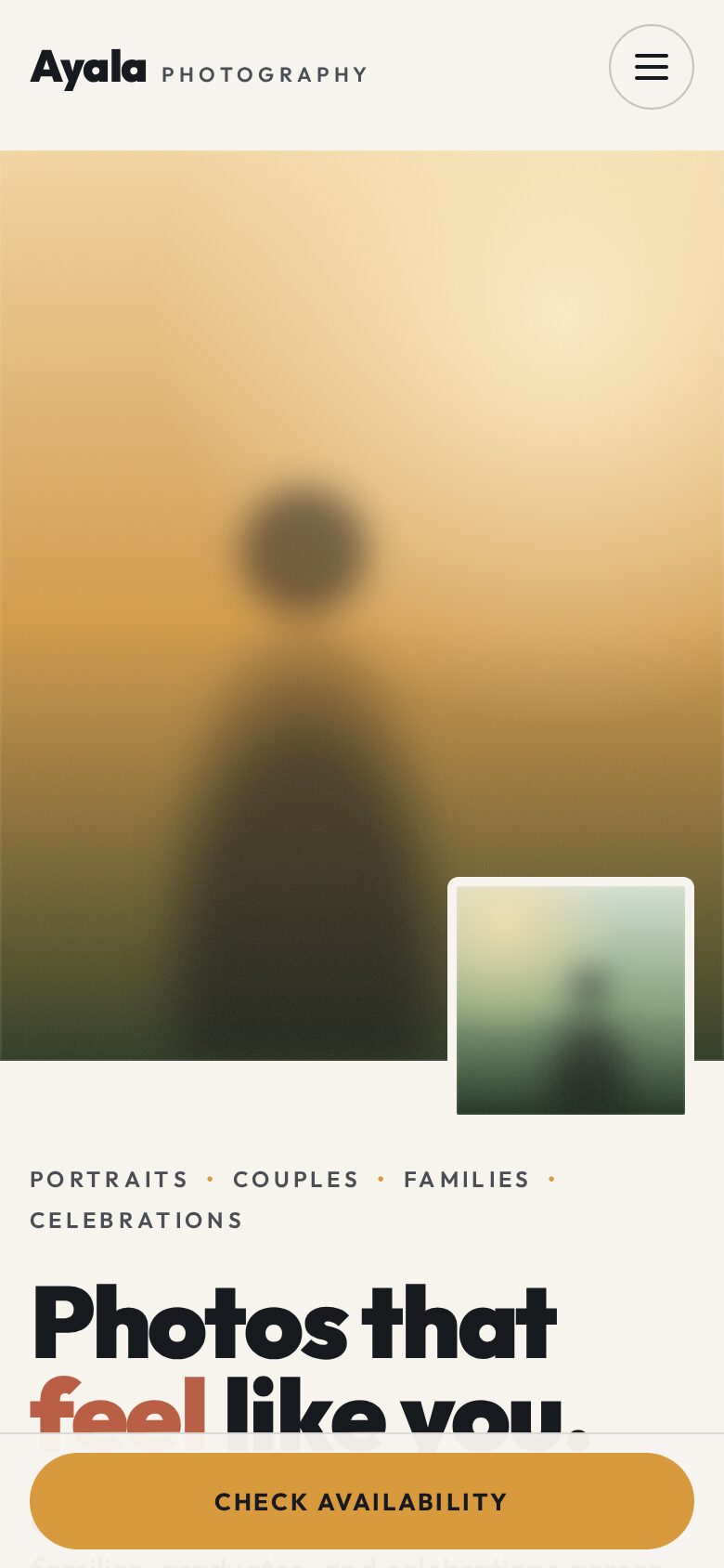 The Ayala Photography homepage on a phone, with a sticky Check availability button