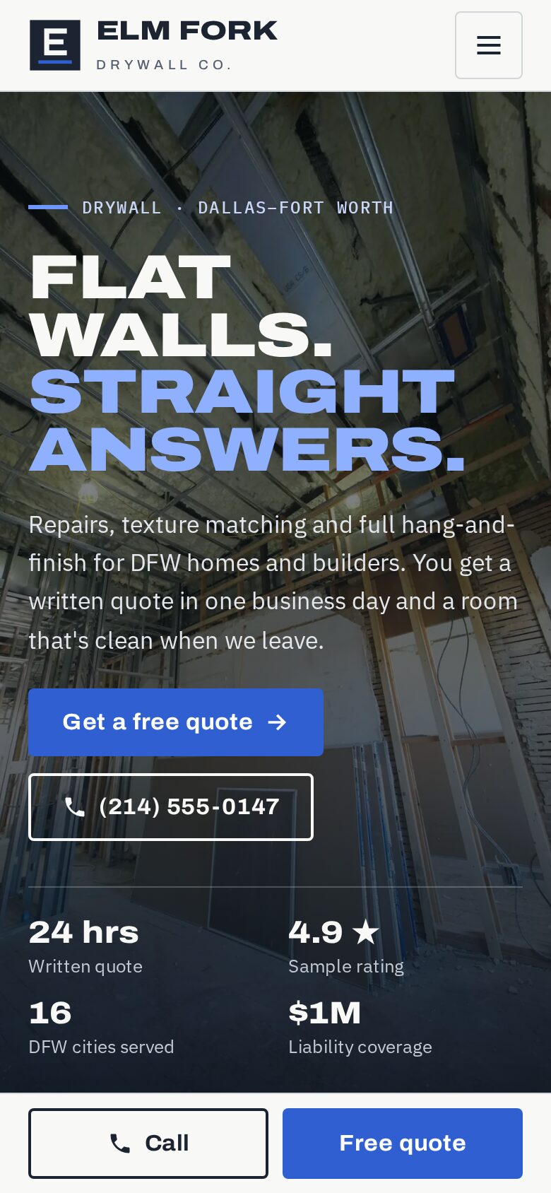 The Elm Fork Drywall homepage on a phone, with a sticky Call and Free quote bar